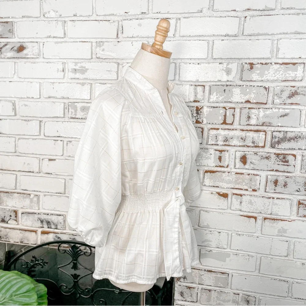 Vintage 60s 70s PepperHill White and Gold Plaid Puff Sleeve Tie Waist Button Top - Picture 8 of 9